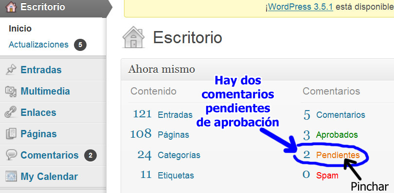Ejemplo: Vemos que hay 2 comentarios pendientes de aprobar