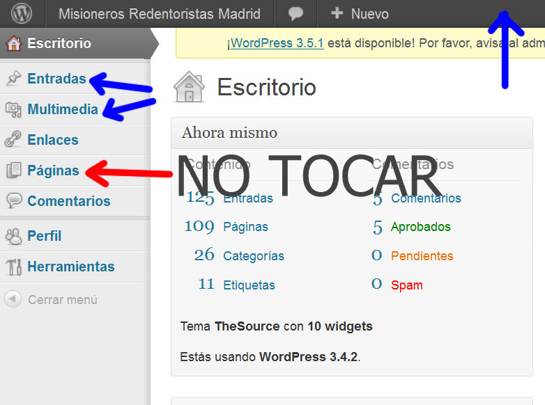 Parte superior izquierda del escritorio de WordPress